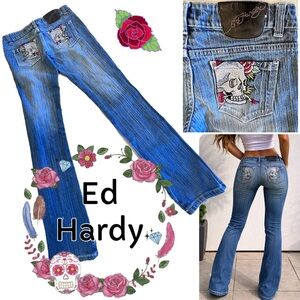 Y2K Ed Hardy Christian Audiger Skull Rose Pocket Denim Jeans Vintage Sz 27